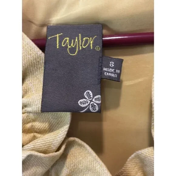 Taylor Chartreuse Linen Dress with Ruffle V-Neck Detail Size 8 Spring Summer - Picture 5 of 7